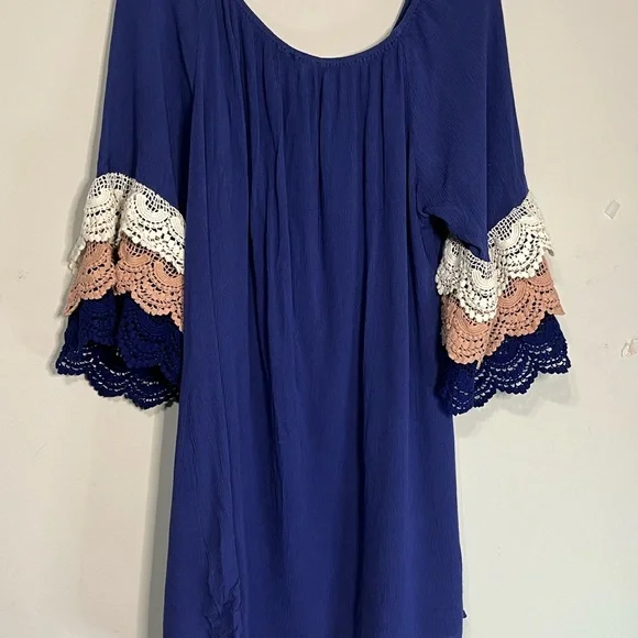 Umgee XL blue boho dress 1/2 length layered bell sleeves. (G) - Picture 4 of 4